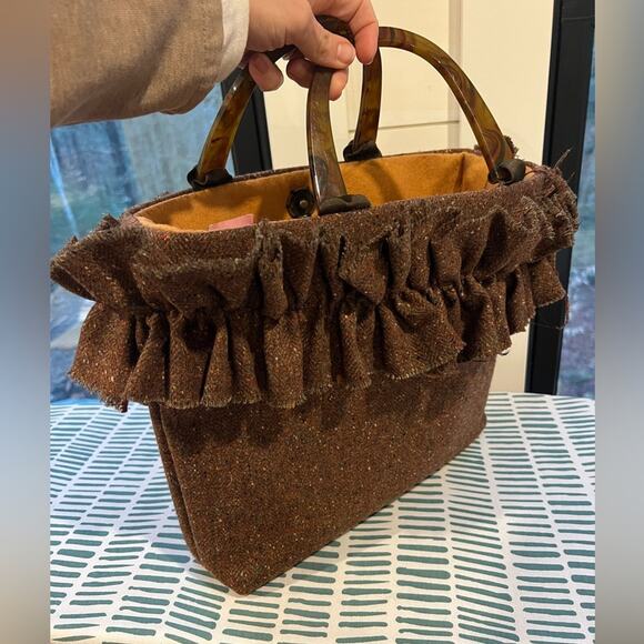 Vintage Beryl's Belts Brown Ruffled To Market Handbag Cottage Core Grandma Vibe - Picture 6 of 6